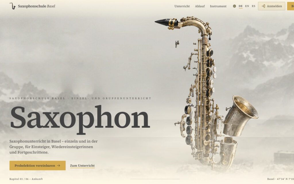 Startseite der Saxophonschule Basel mit freigestelltem Saxophon